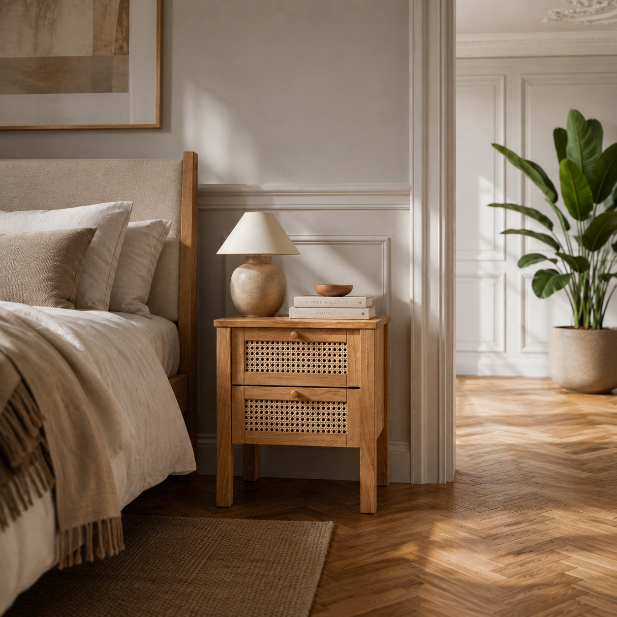 Balder snedker Sengebord i Massiv FSC Egetræ med Naturolie og Fransk Naturflet – H45 x B45 x D35 cm