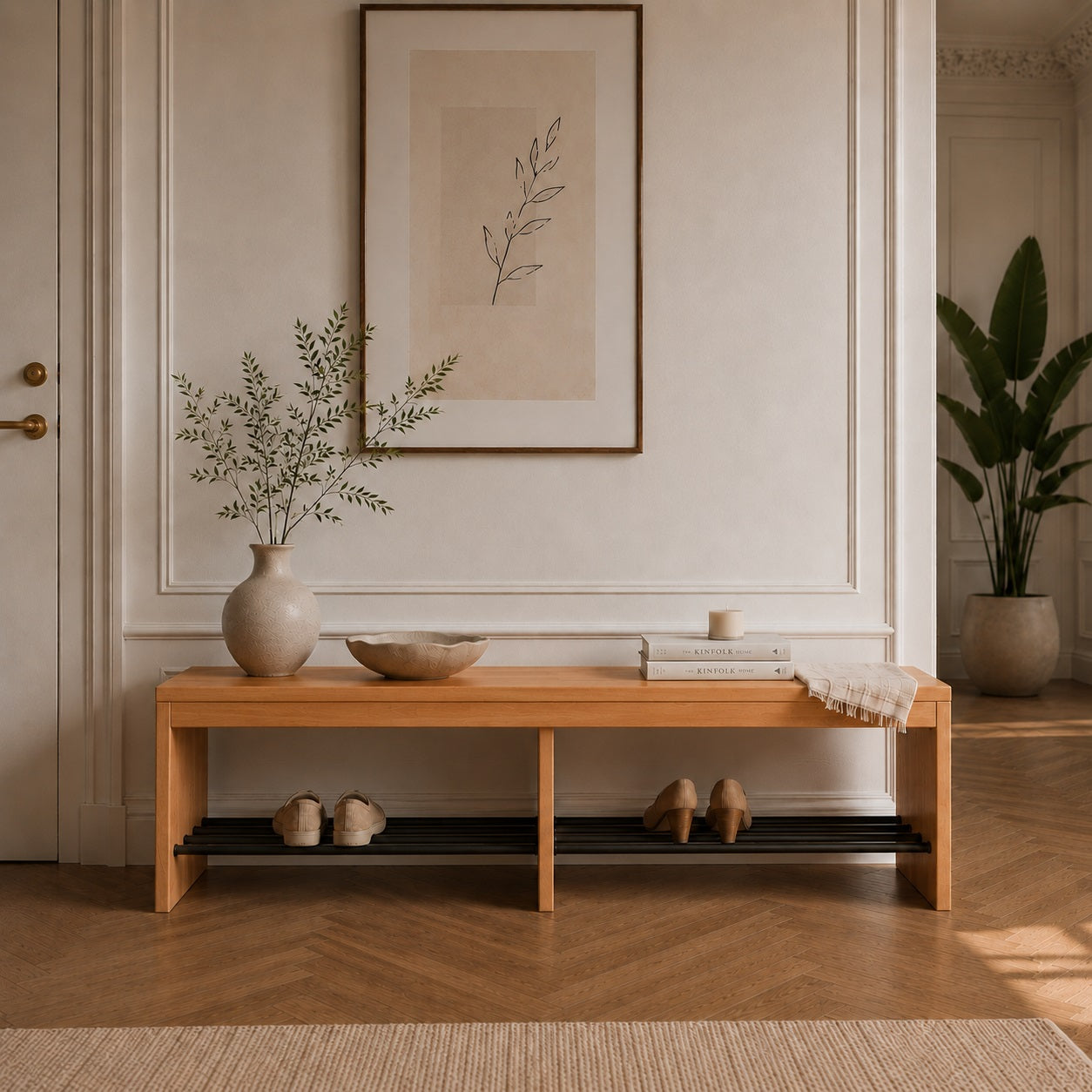 Sif Snedker Bænk i Massiv FSC Bøgetræ og Naturolie med Skohylder af Sorte Metalrør - B40 x H45 x L160 cm