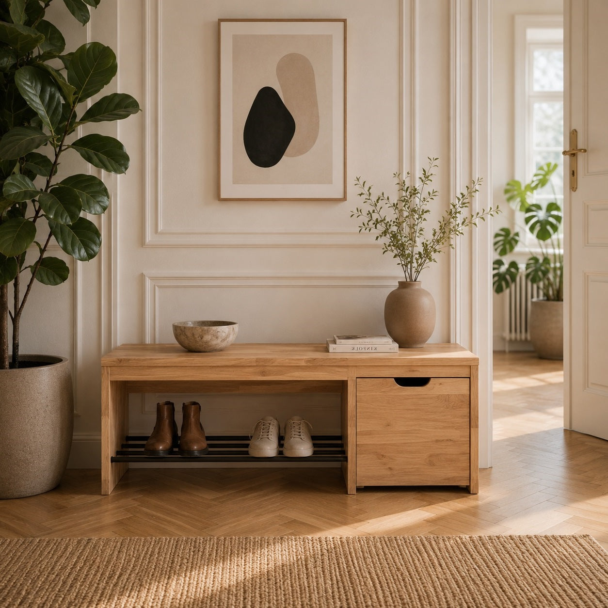 Sif Snedker Bænk med 1 skuffe i Massiv FSC Egetræ og Naturolie med Skohylde af Sorte Metalrør – L120 x D40 x H45 cm- kan spejlvendes