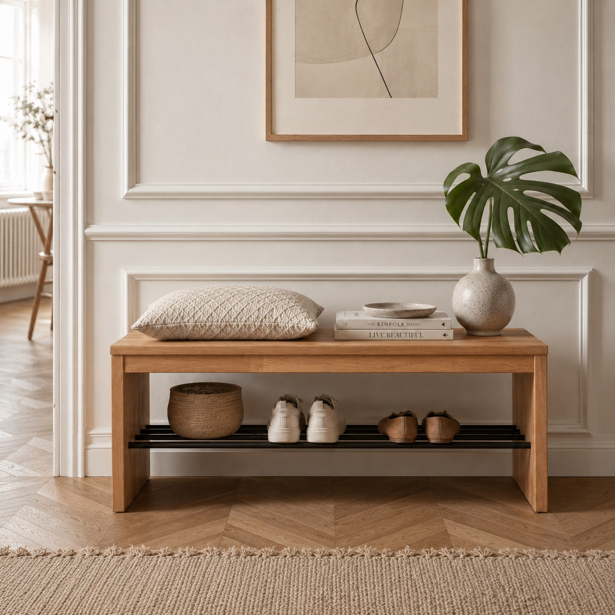 Sif Snedker bænk med skohylde i massiv FSC bøgetræ og naturolie - L120 x D40 x H45 cm
