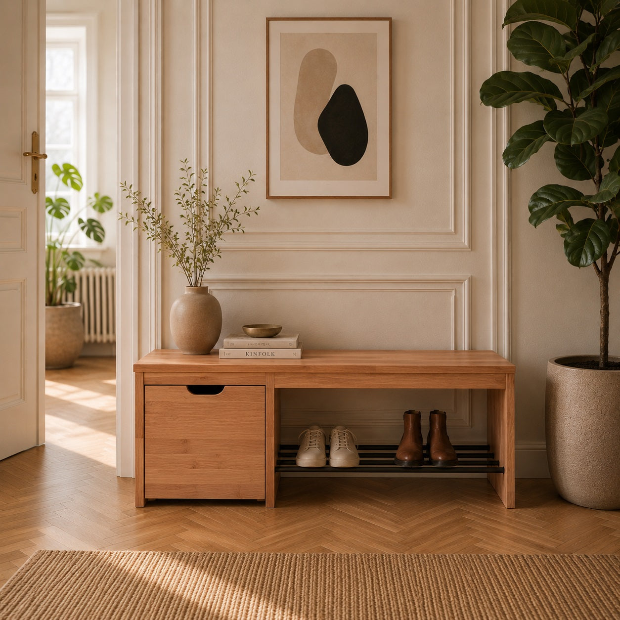Sif snedker Bænk med 1 skuffe i massiv FSC bøgetræ og Naturolie med skohylde af sorte metalrør - L120 x D40 x H45 cm - kan spejlvendes